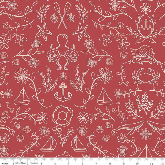 Image of the Yacht Club Main Red quilting cotton fabric by Amanda Niederhauser for Riley Blake Designs. Features symbols on a red background. Cute Little Fabric Shop