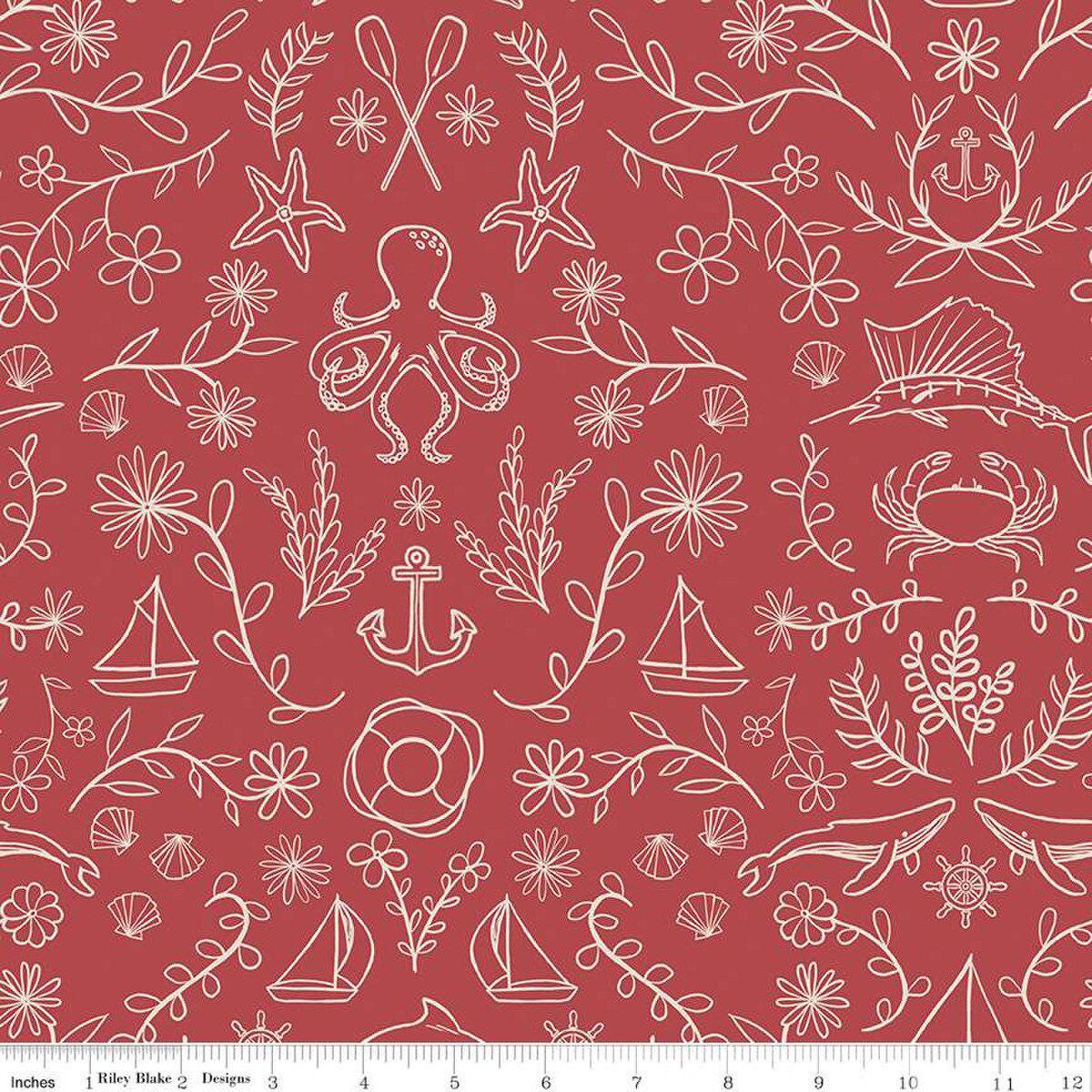 Image of the Yacht Club Main Red quilting cotton fabric by Amanda Niederhauser for Riley Blake Designs. Features symbols on a red background. Cute Little Fabric Shop