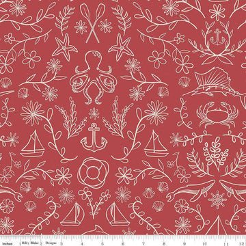 Image of the Yacht Club Main Red quilting cotton fabric by Amanda Niederhauser for Riley Blake Designs. Features symbols on a red background. Cute Little Fabric Shop