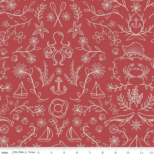 Image of the Yacht Club Main Red quilting cotton fabric by Amanda Niederhauser for Riley Blake Designs. Features symbols on a red background. Cute Little Fabric Shop