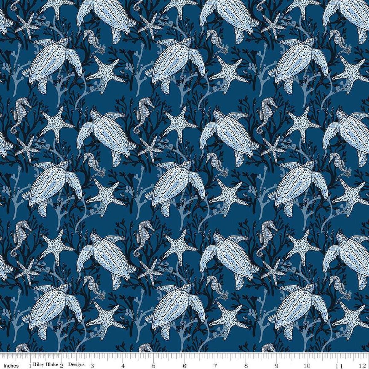Image of the Ocean Oasis Main Night quilting cotton fabric by Diane Labombarbe for Riley Blake Designs. Features ocean animals on a blue background. Cute Little Fabric Shop