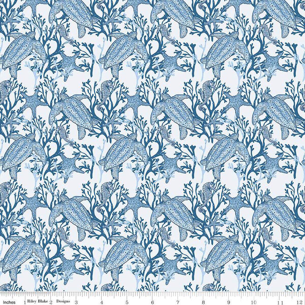 Image of the Ocean Oasis Main Mist quilting cotton fabric by Diane Labombarbe for Riley Blake Designs. Features ocean animals on a white background. Cute Little Fabric Shop