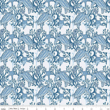 Image of the Ocean Oasis Main Mist quilting cotton fabric by Diane Labombarbe for Riley Blake Designs. Features ocean animals on a white background. Cute Little Fabric Shop