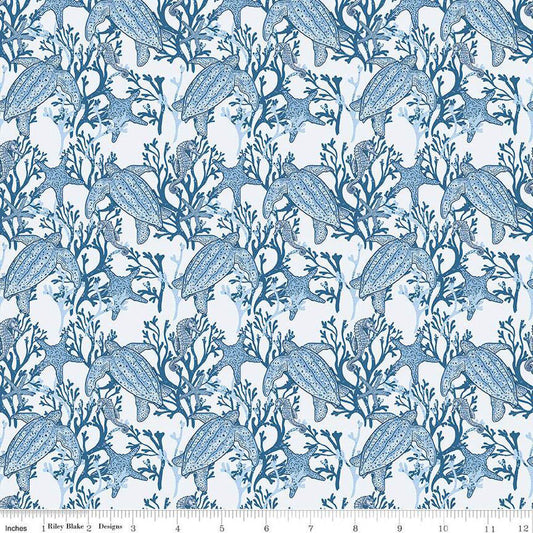 Image of the Ocean Oasis Main Mist quilting cotton fabric by Diane Labombarbe for Riley Blake Designs. Features ocean animals on a white background. Cute Little Fabric Shop