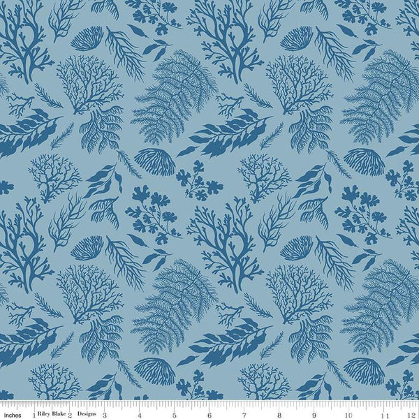 Image of the Ocean Oasis Water Plants Stone quilting cotton fabric by Diane Labombarbe for Riley Blake Designs. Features plants on a blue background. Cute Little Fabric Shop