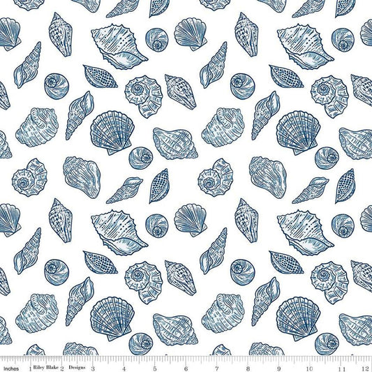 Image of the Ocean Oasis Seashells White quilting cotton fabric by Diane Labombarbe for Riley Blake Designs. Features shells on a white background. Cute Little Fabric Shop