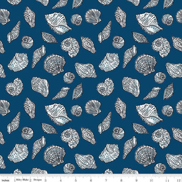 Image of the Ocean Oasis Seashells Night quilting cotton fabric by Diane Labombarbe for Riley Blake Designs. Features shells on a blue background. Cute Little Fabric Shop