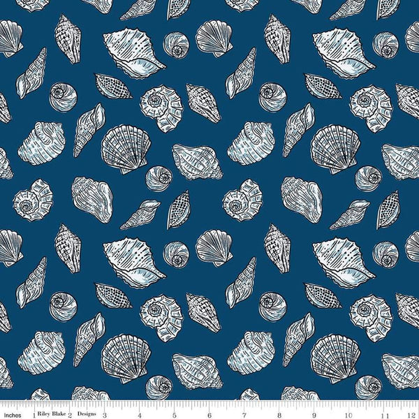 Image of the Ocean Oasis Seashells Night quilting cotton fabric by Diane Labombarbe for Riley Blake Designs. Features shells on a blue background. Cute Little Fabric Shop