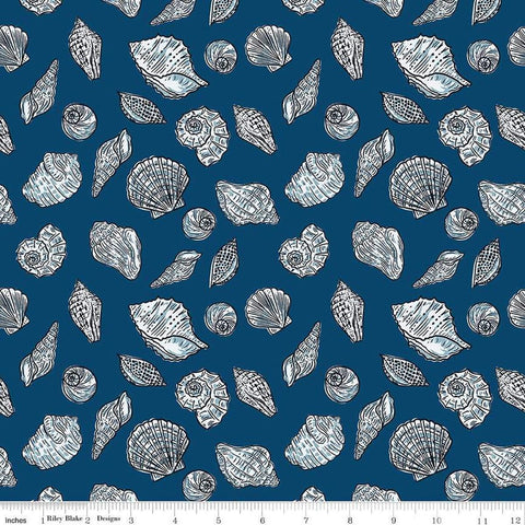 Image of the Ocean Oasis Seashells Night quilting cotton fabric by Diane Labombarbe for Riley Blake Designs. Features shells on a blue background. Cute Little Fabric Shop