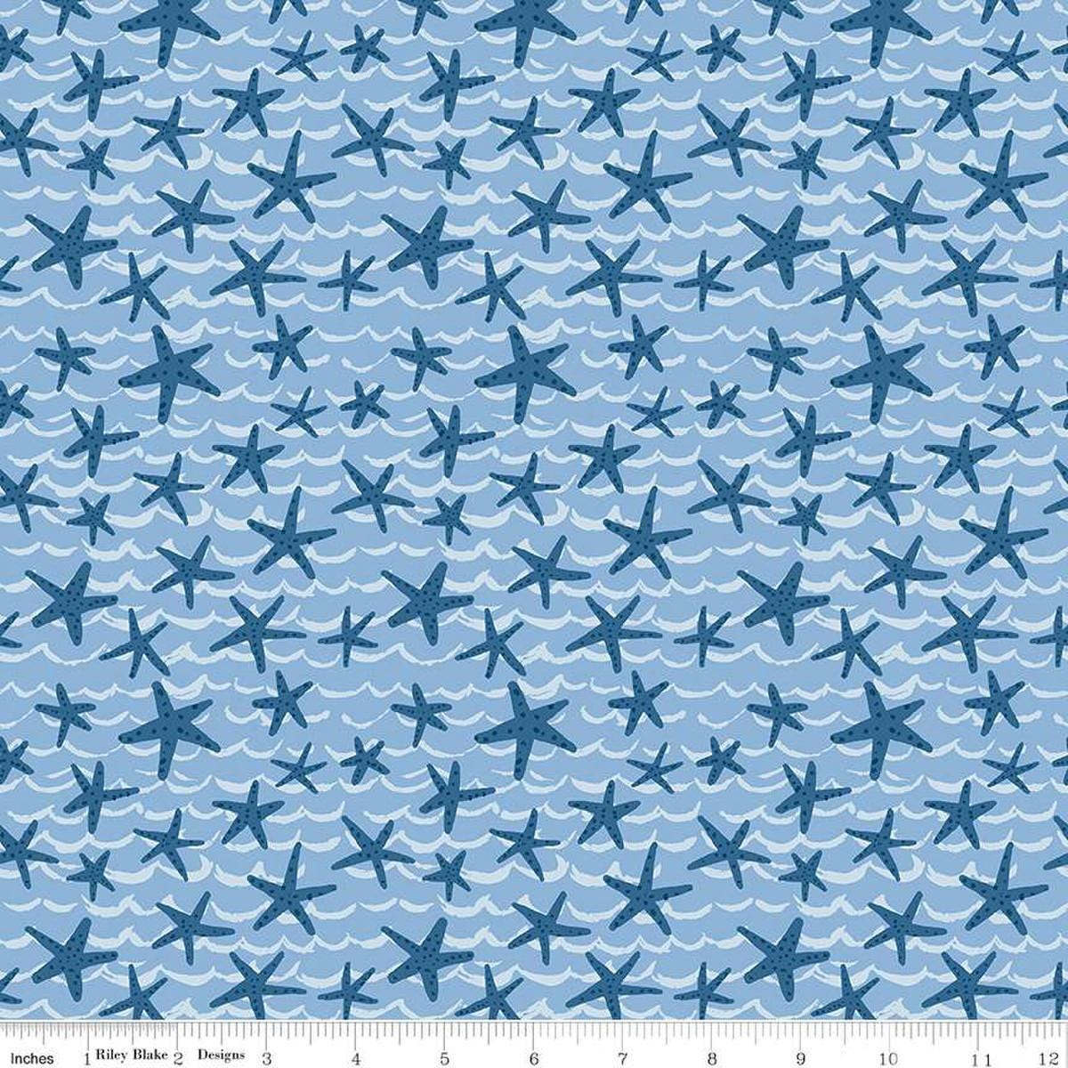 Image of the Ocean Oasis Starfish Aqua quilting cotton fabric by Diane Labombarbe for Riley Blake Designs. Features starfish on a blue background. Cute Little Fabric Shop