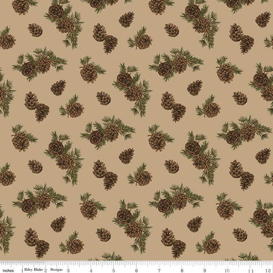 Image of the Pine Grove Pinecones Tan quilting cotton fabric by Riley Blake Designs. Features trees on a brown background. Cute Little Fabric Shop