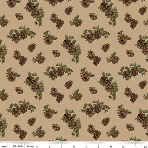 Image of the Pine Grove Pinecones Tan quilting cotton fabric by Riley Blake Designs. Features trees on a brown background. Cute Little Fabric Shop