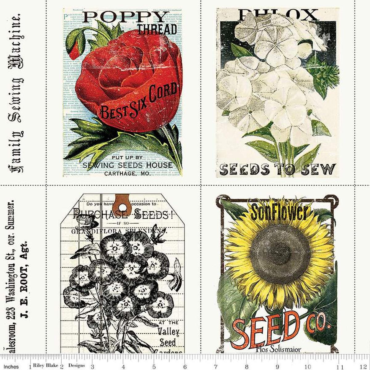 Image of the Sewing Seeds III Sewing Seed Packs White quilting cotton fabric by Lori Holt for Riley Blake Designs. Features patches on a white background. Cute Little Fabric Shop