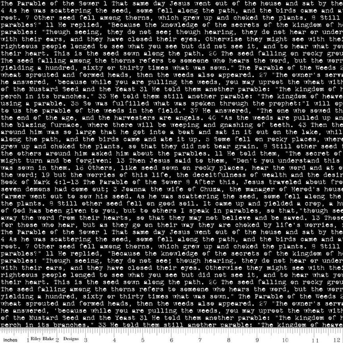 Image of the Sewing Seeds III Seed Sower Black quilting cotton fabric by Lori Holt for Riley Blake Designs. Features words on a black background. Cute Little Fabric Shop