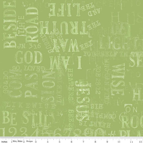 Image of the Sewing Seeds III Parable Stamps Green quilting cotton fabric by Lori Holt for Riley Blake Designs. Features text on a green background. Cute Little Fabric Shop