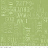 Image of the Sewing Seeds III Parable Stamps Green quilting cotton fabric by Lori Holt for Riley Blake Designs. Features text on a green background. Cute Little Fabric Shop