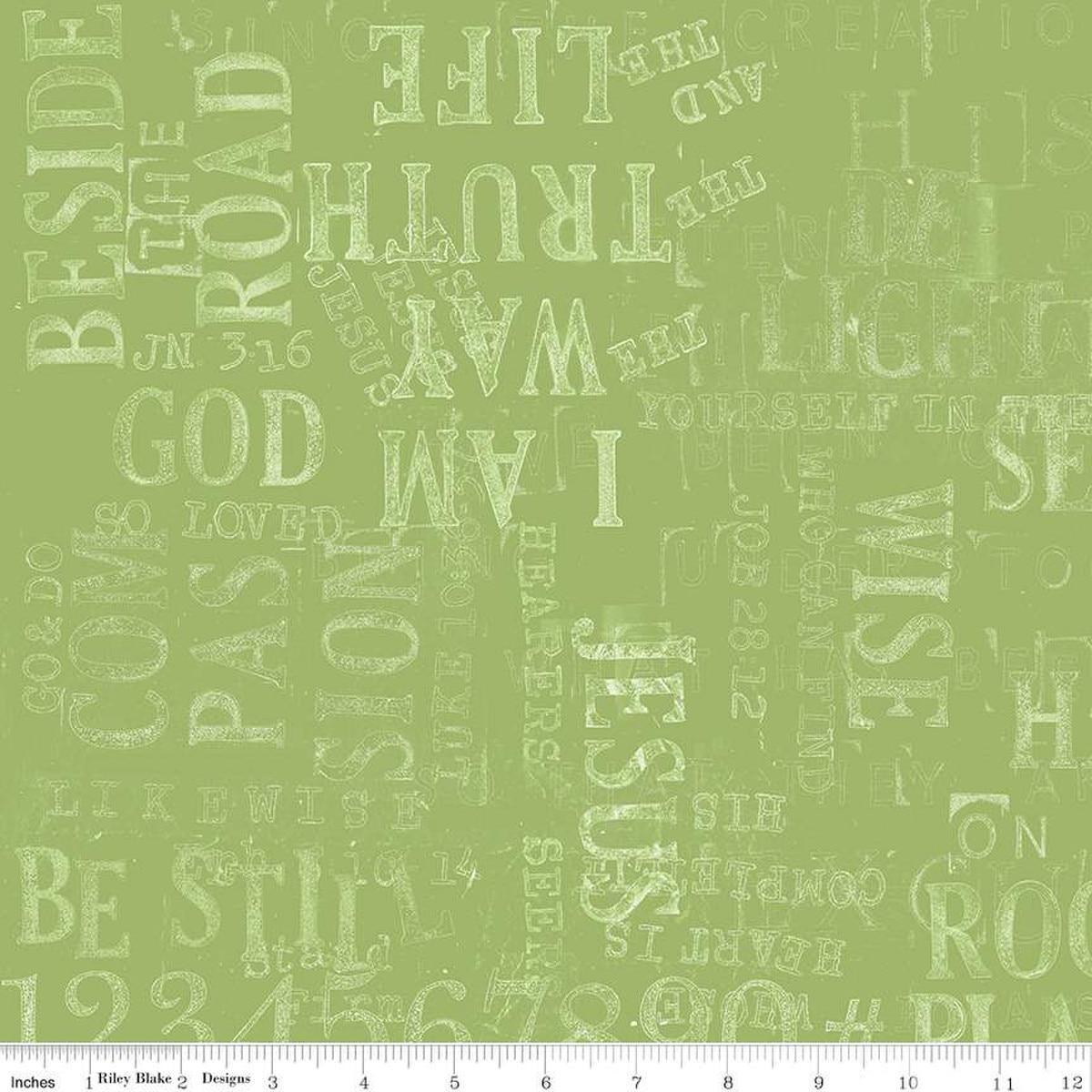 Image of the Sewing Seeds III Parable Stamps Green quilting cotton fabric by Lori Holt for Riley Blake Designs. Features text on a green background. Cute Little Fabric Shop