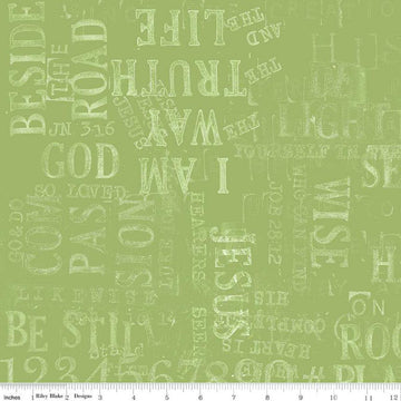 Image of the Sewing Seeds III Parable Stamps Green quilting cotton fabric by Lori Holt for Riley Blake Designs. Features text on a green background. Cute Little Fabric Shop