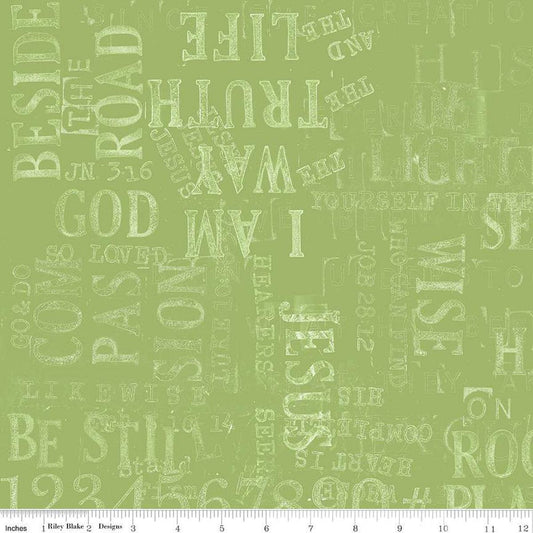 Image of the Sewing Seeds III Parable Stamps Green quilting cotton fabric by Lori Holt for Riley Blake Designs. Features text on a green background. Cute Little Fabric Shop