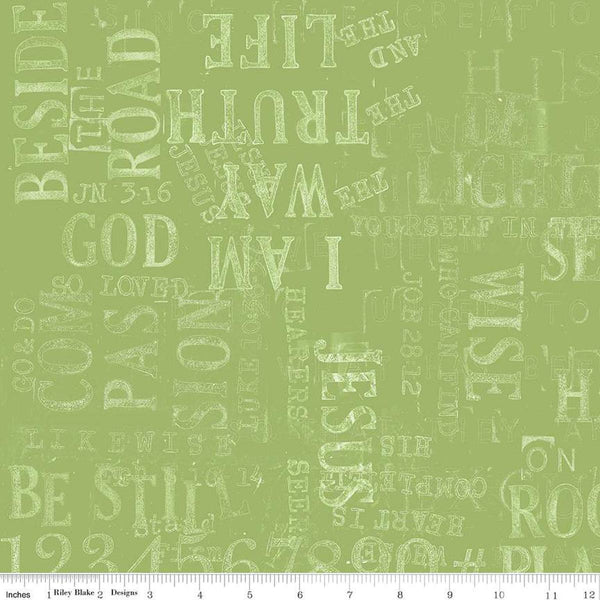 Image of the Sewing Seeds III Parable Stamps Green quilting cotton fabric by Lori Holt for Riley Blake Designs. Features text on a green background. Cute Little Fabric Shop