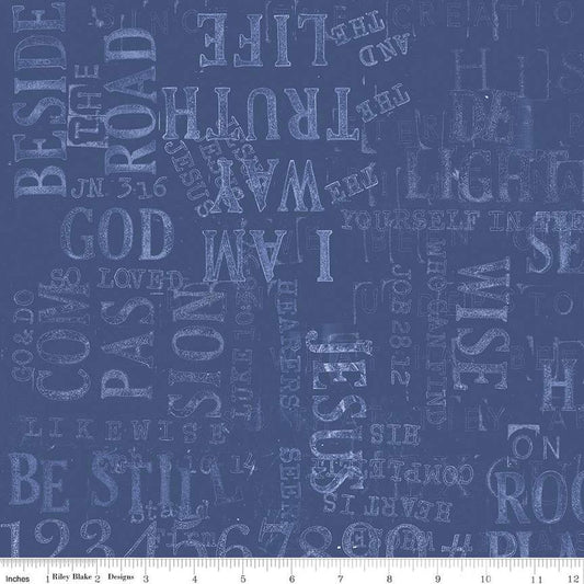 Image of the Sewing Seeds III Parable Stamps Blue quilting cotton fabric by Lori Holt for Riley Blake Designs. Features text on a blue background. Cute Little Fabric Shop