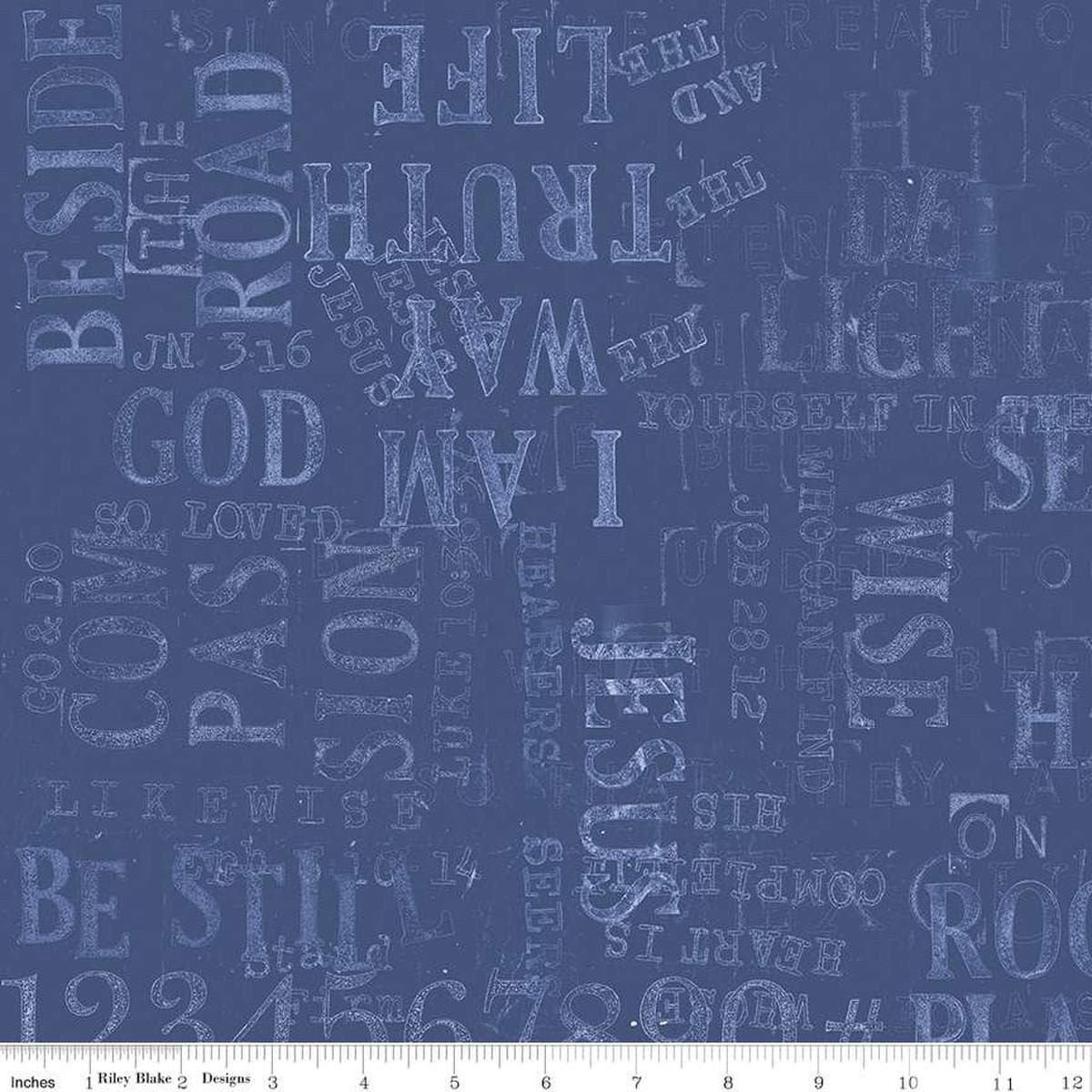 Image of the Sewing Seeds III Parable Stamps Blue quilting cotton fabric by Lori Holt for Riley Blake Designs. Features text on a blue background. Cute Little Fabric Shop