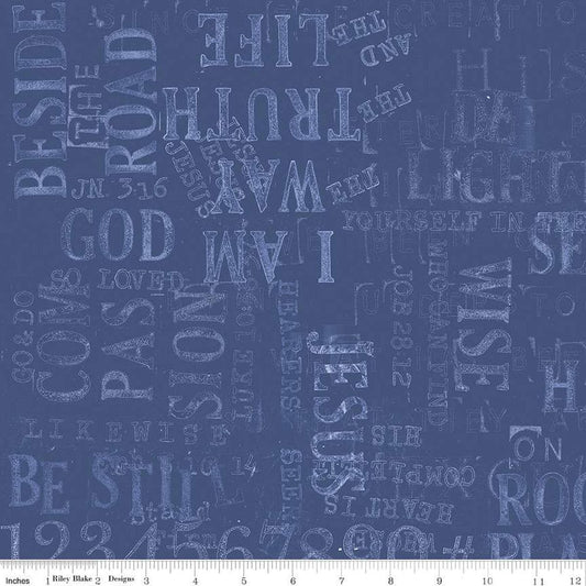 Image of the Sewing Seeds III Parable Stamps Blue quilting cotton fabric by Lori Holt for Riley Blake Designs. Features text on a blue background. Cute Little Fabric Shop