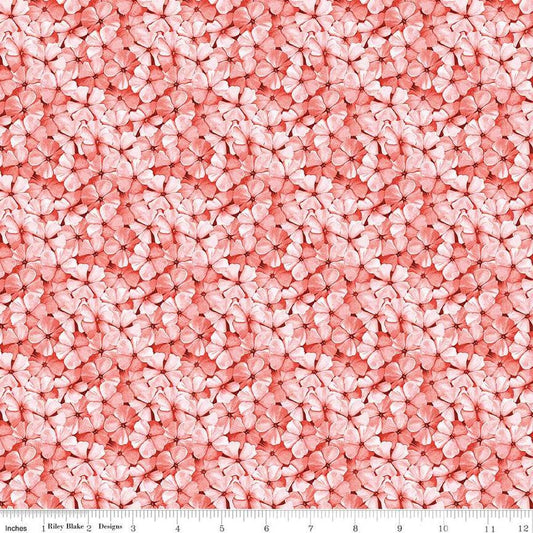 Image of the Sewing Seeds III Phlox Petals Pink quilting cotton fabric by Lori Holt for Riley Blake Designs. Features flowers on a pink background. Cute Little Fabric Shop