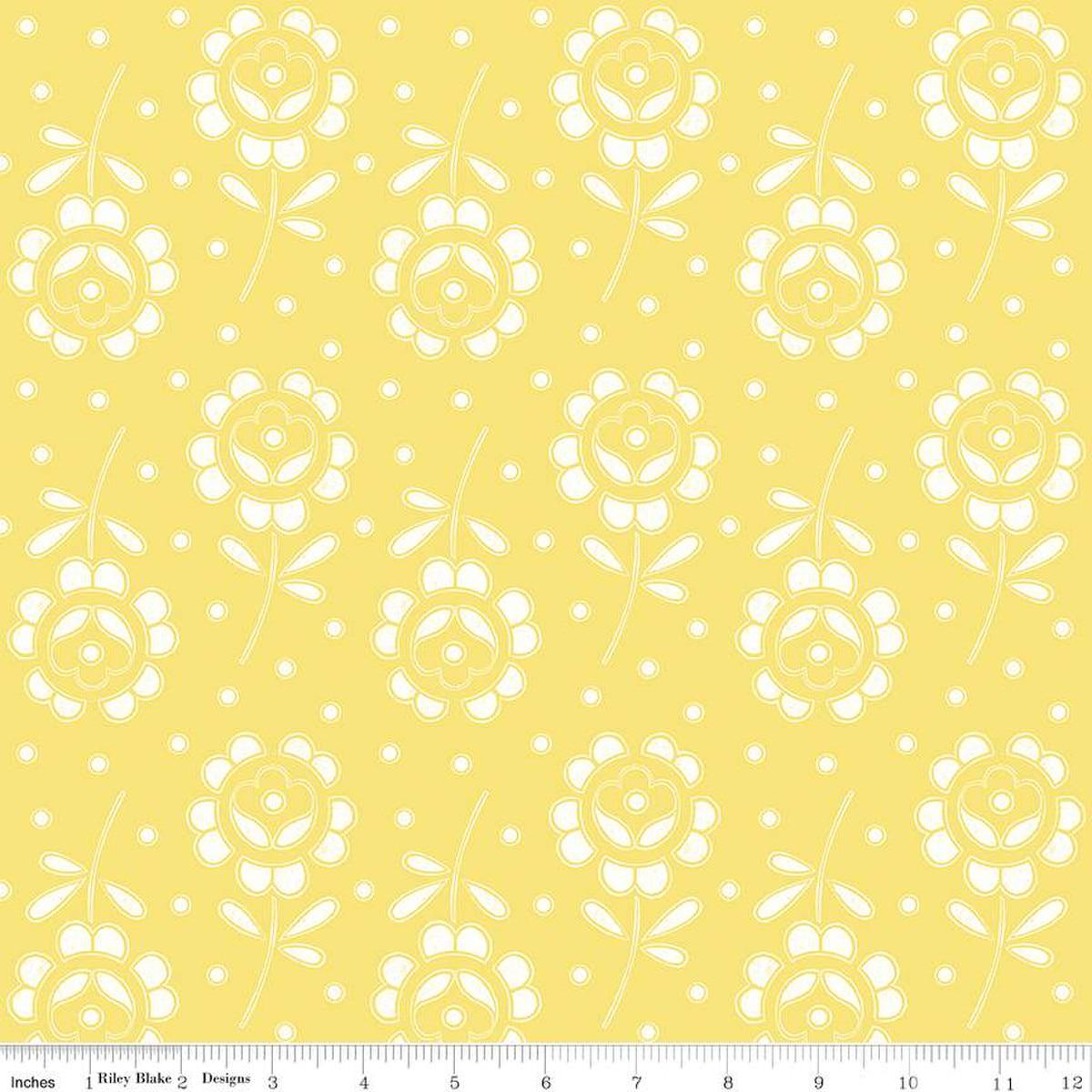 Image of the Sewing Seeds III Rose Cutwork Yellow quilting cotton fabric by Lori Holt for Riley Blake Designs. Features flowers on a yellow background. Cute Little Fabric Shop