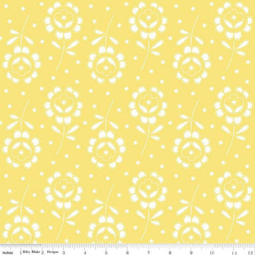 Image of the Sewing Seeds III Rose Cutwork Yellow quilting cotton fabric by Lori Holt for Riley Blake Designs. Features flowers on a yellow background. Cute Little Fabric Shop