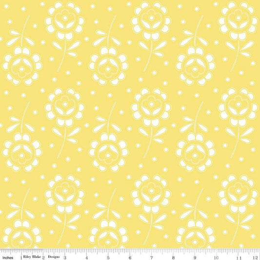 Image of the Sewing Seeds III Rose Cutwork Yellow quilting cotton fabric by Lori Holt for Riley Blake Designs. Features flowers on a yellow background. Cute Little Fabric Shop