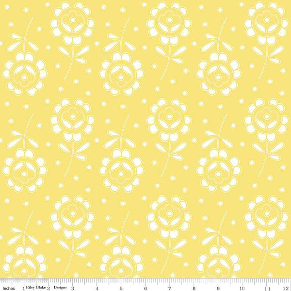 Image of the Sewing Seeds III Rose Cutwork Yellow quilting cotton fabric by Lori Holt for Riley Blake Designs. Features flowers on a yellow background. Cute Little Fabric Shop
