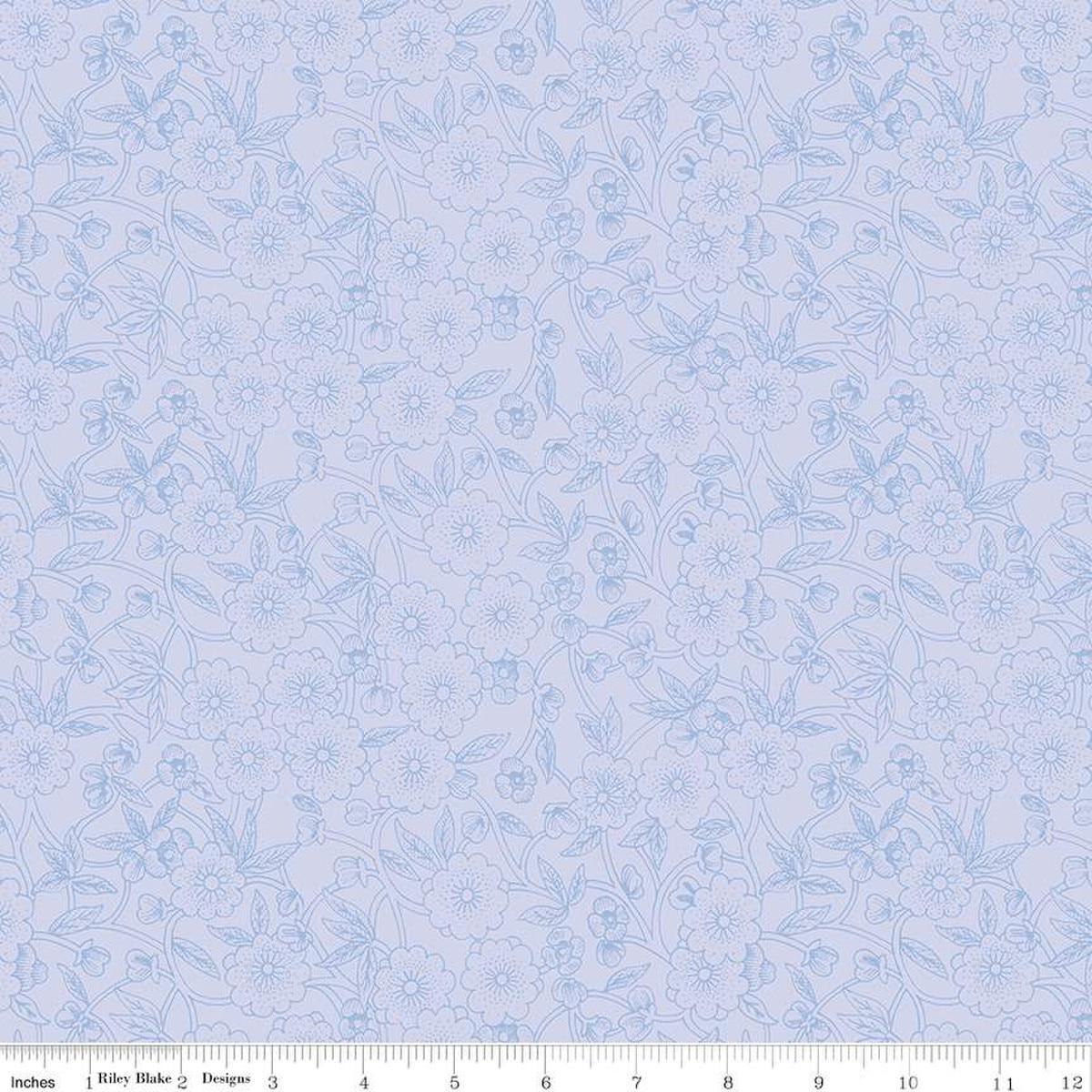 Image of the Sewing Seeds III Porcelain Petals Periwinkle quilting cotton fabric by Lori Holt for Riley Blake Designs. Features flowers on a purple background. Cute Little Fabric Shop