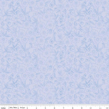 Image of the Sewing Seeds III Porcelain Petals Periwinkle quilting cotton fabric by Lori Holt for Riley Blake Designs. Features flowers on a purple background. Cute Little Fabric Shop