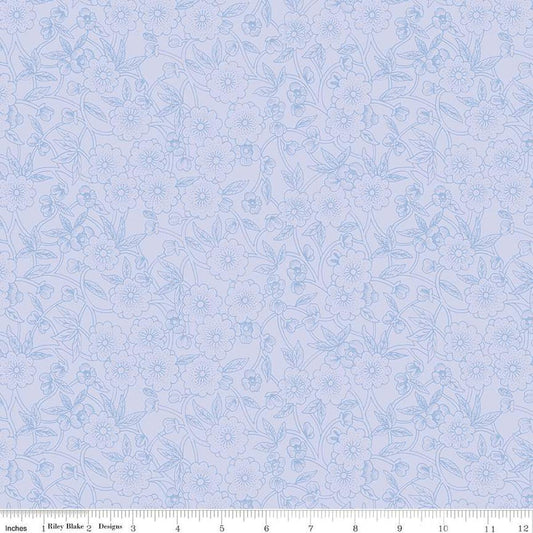 Image of the Sewing Seeds III Porcelain Petals Periwinkle quilting cotton fabric by Lori Holt for Riley Blake Designs. Features flowers on a purple background. Cute Little Fabric Shop