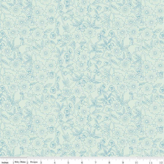 Image of the Sewing Seeds III Porcelain Petals Aqua quilting cotton fabric by Lori Holt for Riley Blake Designs. Features flowers on a aqua background. Cute Little Fabric Shop
