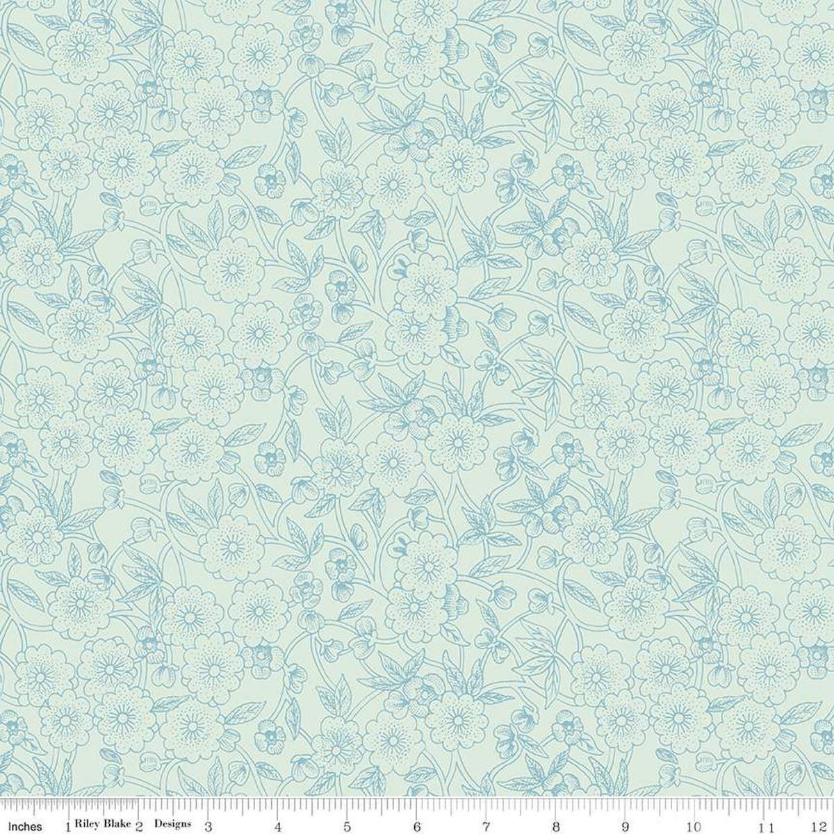 Image of the Sewing Seeds III Porcelain Petals Aqua quilting cotton fabric by Lori Holt for Riley Blake Designs. Features flowers on a aqua background. Cute Little Fabric Shop