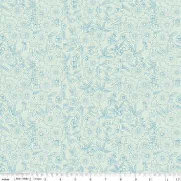 Image of the Sewing Seeds III Porcelain Petals Aqua quilting cotton fabric by Lori Holt for Riley Blake Designs. Features flowers on a aqua background. Cute Little Fabric Shop