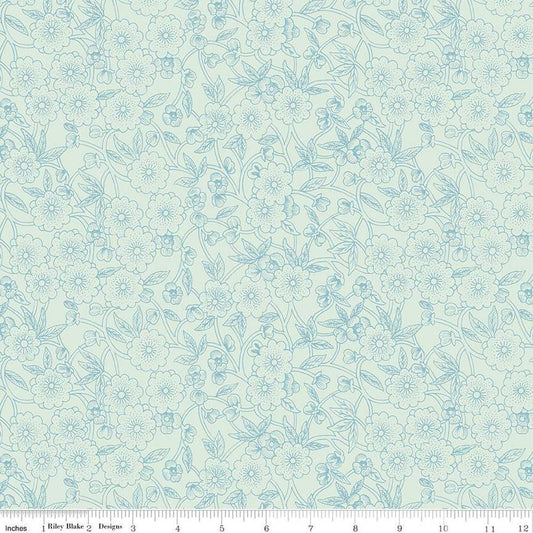 Image of the Sewing Seeds III Porcelain Petals Aqua quilting cotton fabric by Lori Holt for Riley Blake Designs. Features flowers on a aqua background. Cute Little Fabric Shop