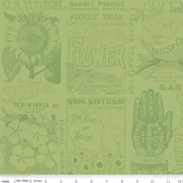 Image of the Sewing Seeds III Garden Blender Green quilting cotton fabric by Lori Holt for Riley Blake Designs. Features icons on a green background. Cute Little Fabric Shop