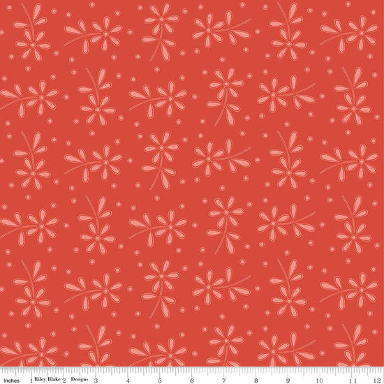 Image of the Sewing Seeds III Seed Packs Toss Red quilting cotton fabric by Lori Holt for Riley Blake Designs. Features ads on a red background. Cute Little Fabric Shop