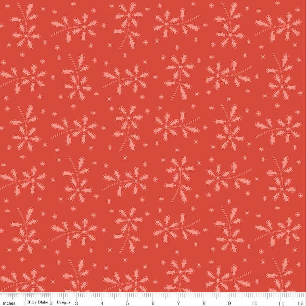 Image of the Sewing Seeds III Seed Packs Toss Red quilting cotton fabric by Lori Holt for Riley Blake Designs. Features ads on a red background. Cute Little Fabric Shop