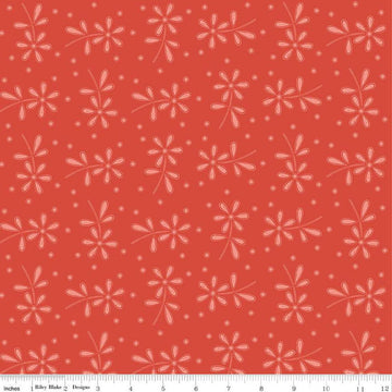 Image of the Sewing Seeds III Seed Packs Toss Red quilting cotton fabric by Lori Holt for Riley Blake Designs. Features ads on a red background. Cute Little Fabric Shop