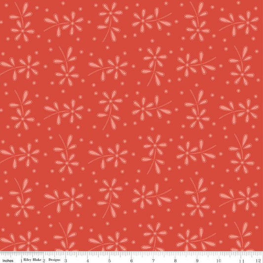 Image of the Sewing Seeds III Seed Packs Toss Red quilting cotton fabric by Lori Holt for Riley Blake Designs. Features ads on a red background. Cute Little Fabric Shop