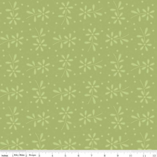 Image of the Sewing Seeds III Seed Packs Toss Green quilting cotton fabric by Lori Holt for Riley Blake Designs. Features ads on a green background. Cute Little Fabric Shop