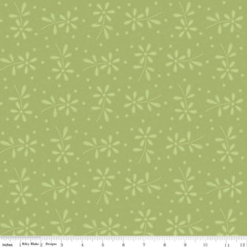 Image of the Sewing Seeds III Seed Packs Toss Green quilting cotton fabric by Lori Holt for Riley Blake Designs. Features ads on a green background. Cute Little Fabric Shop