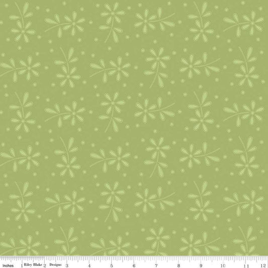 Image of the Sewing Seeds III Seed Packs Toss Green quilting cotton fabric by Lori Holt for Riley Blake Designs. Features ads on a green background. Cute Little Fabric Shop