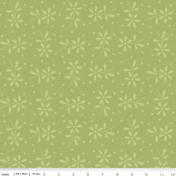 Image of the Sewing Seeds III Seed Packs Toss Green quilting cotton fabric by Lori Holt for Riley Blake Designs. Features ads on a green background. Cute Little Fabric Shop