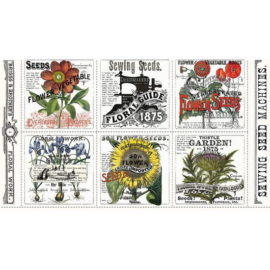 Image of the Sewing Seeds III Garden Patch Panel quilting cotton fabric by Lisa Audit for Riley Blake Designs. Features vintage seed ads. 
Cute Little Fabric Shop