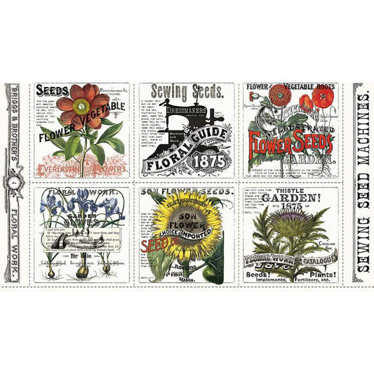 Image of the Sewing Seeds III Garden Patch Panel quilting cotton fabric by Lisa Audit for Riley Blake Designs. Features vintage seed ads. 
Cute Little Fabric Shop